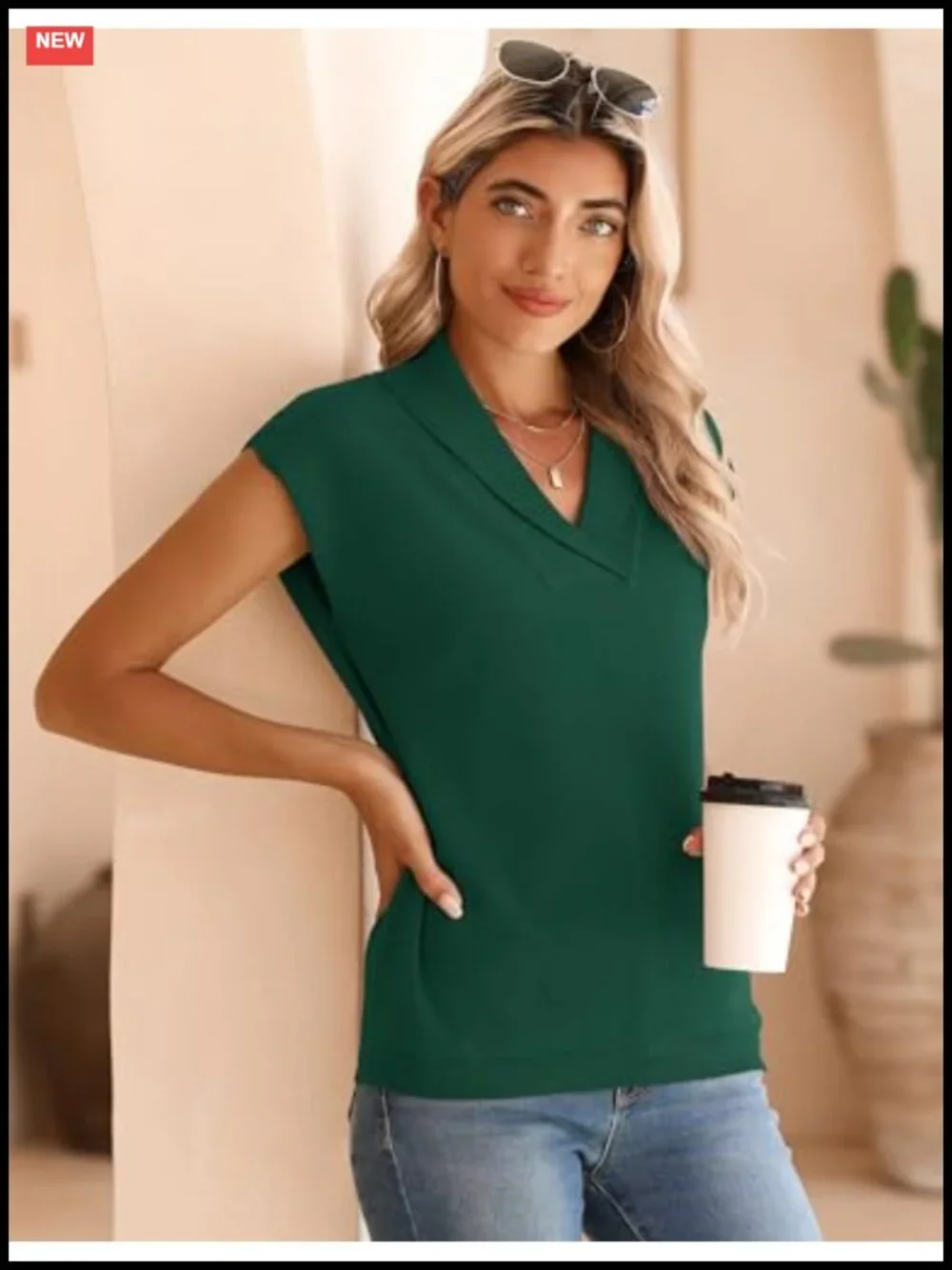 Womens Knit Sweater Vest V-Neck Short Cap Sleeve Summer Pullover Lightweight